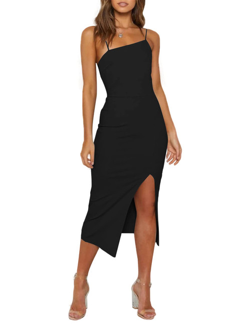 LYANER Women's Spaghetti Straps Split Slit Hem Sleeveless Zipper Bodycon Midi Dress Black Medium