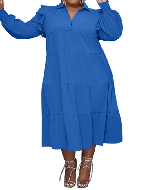 IyMoo Womens Plus Size Solid Color Swing Shift Dress Flouncing Long Sleeve Lapel V Neck Tunic Dress Blue 3XL
