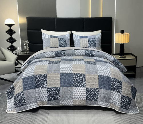 Cozyholy Navy Blue Gray Quilt Set Full Queen Size Patchwork Quilted Bedspread Coverlet Set 3 Piece Plaid Reversible Lightweight Bedding Comforter Set Stitched Bed Cover Blanket with Pillow Shams