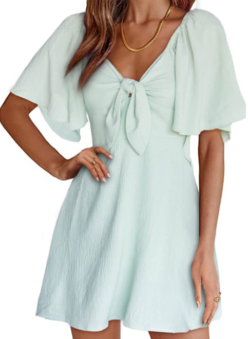Dokotoo Women Dresses Summer Linen Dresses for Women 2023 Casual Elegant V Neck Drawstring Ruffle Solid Cap Sleeve Mini Summer Dress Green