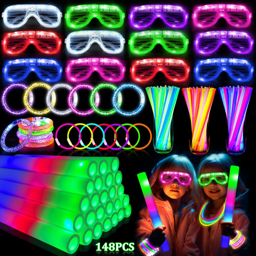 148 PCS New Years Eve Glow in the Dark Party Supplies Favors- 24 Pcs 16" Foam Glow Sticks+12 Pcs LED Glasses+12 Pcs Light Up Bracelets+100Pcs Glow Sticks Bulk Party Pack for Birthday Wedding Carnival 148 PCS New Years Eve Glow in the Dark Party Supplies Favors- 24 Pcs 16" Foam Glow Sticks+12 Pcs LED Glasses+12 Pcs Light Up Bracelets+100Pcs Glow Sticks Bulk Party Pack for Birthday Wedding Carnival