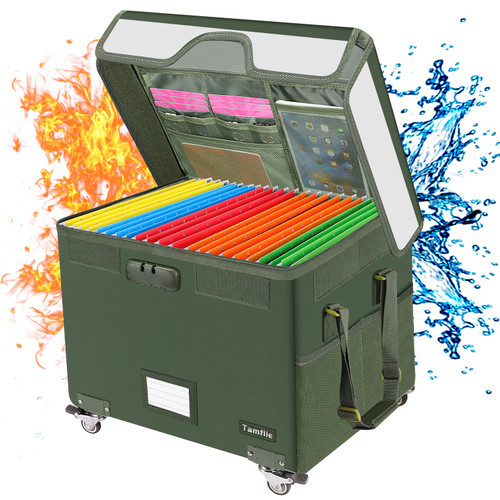 Rolling File Box with lock, File Organizer Cabinet with Wheels,Fireproof Document box with Lid for Home Office, Portable Collapsible Mute Rolling File Cart for Hanging Letter/Legal Size Folder,Green