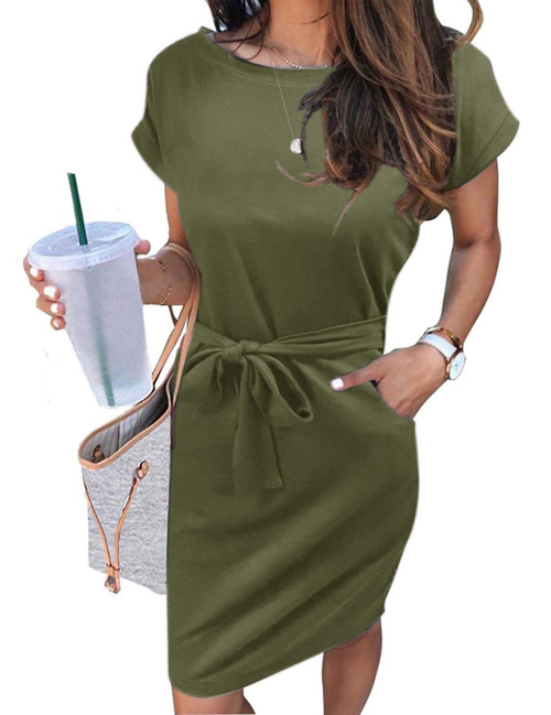 MEROKEETY Women's Summer Striped Short Sleeve T Shirt Dress Casual Tie Waist Midi Dress