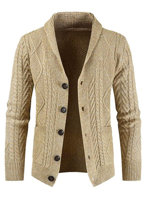 Addkaka Fall/Winter Men's Cable Knit Sweater Long Sleeve Cardigan Button Down Cardigan Side Pockets Casual Sweater Jacket Khaki XX-Large