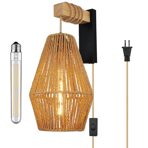 YIIZON Bamboo Lantern Plug in Wall Sconces Wicker Lamp with Plug in Cord Hand Woven Rattan Wall Light Farmhouse Rustic Boho Sconces Wall Lighting for Living Room Bedroom Bulb Included