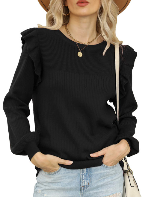 DEEP SELF Women Crewneck Casual Ruffle Long Sleeve Sweater Fall Sweaters Winter Knit Pullover Jumper Tops Black