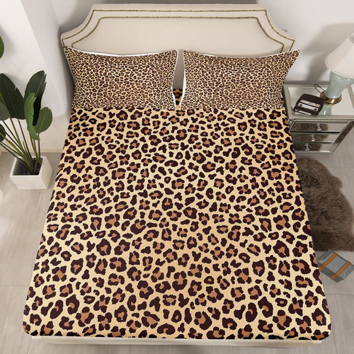 Black Brown Leopard Print Sheet Sets Women Cheetah Print Fitted Sheet for Kids Boys Girls Children Men Africa Animal Wildlife Bedding Set Ultra Soft Decor Safari Bed Cover No Flat Sheet Full Size