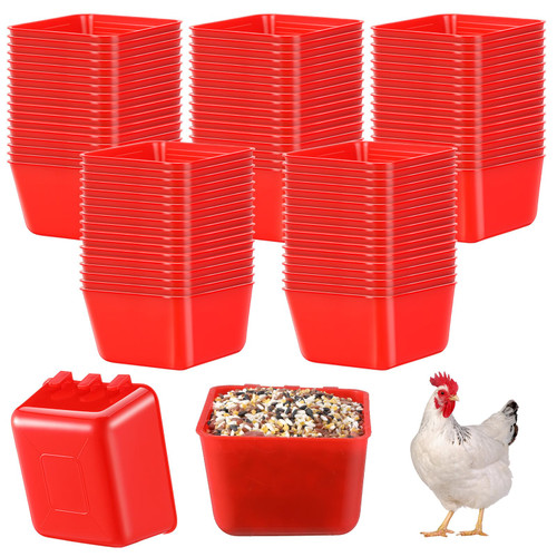 Maxdot 50 Pcs Cage Cups Chicken Feeder Cups 16 oz Hanging Bird Food Water Cups Bunny Cage Feeding Bowl Dish for PET Parrot Rooster Parakeet Gamefowl Poultry Pigeon Wire Cage(Red)
