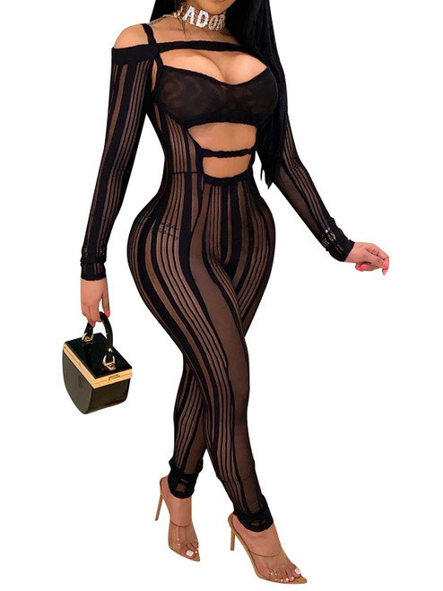 Uni Clau Women's Sexy See Through Long Sleeve Jumpsuit Sheer Mesh Hollow Out Criss Cross Bodycon Jumpsuits One Piece Club Rompers J-Black Small