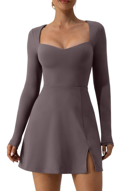QINSEN Womens Sexy Sweetheart Neckline Double Lined Top Long Sleeve Athleisure Mini Dress Tea Leaf XL