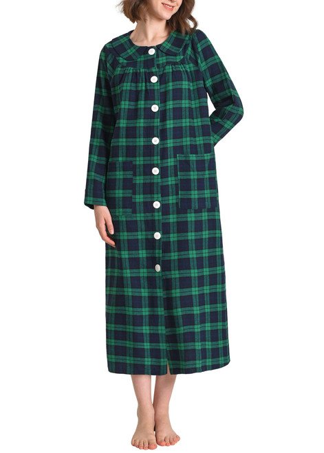 Latuza Women's Cotton Flannel Button Up Robe Long Sleeves Housecoat M Navy Green