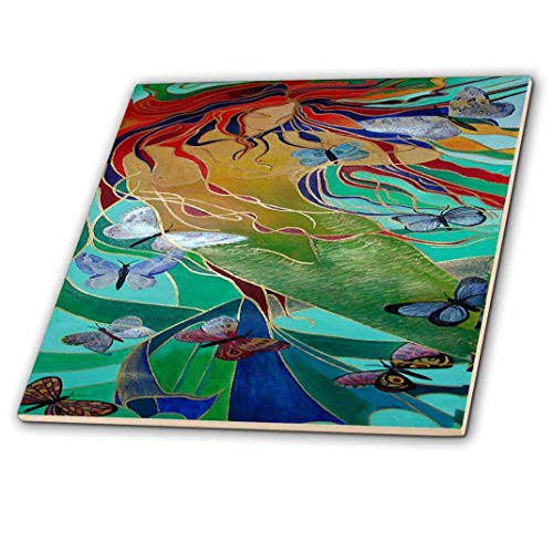 3dRose ct_46759_2 Mermaid and Butterflies-Elusive, Untamed, Art Nouveau, Femininity, Mythology, Butterflies, Mermaid-Ceramic Tile, 6-Inch