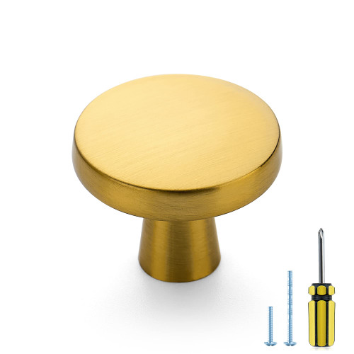JOY DECOR 30 Pack Kitchen Cabinet Knobs Solid Drawer Knobs Dresser Knobs 1-1/4 Inch Drawer Pulls Brushed Brass Cabinet Hardware for Dresser Drawers Round Cabinet Door Knobs Simple Drawer Handles