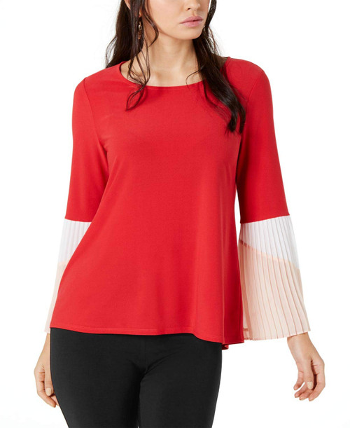 Alfani Womens Pleated Sleeve Pullover Blouse, Red, X-Large
