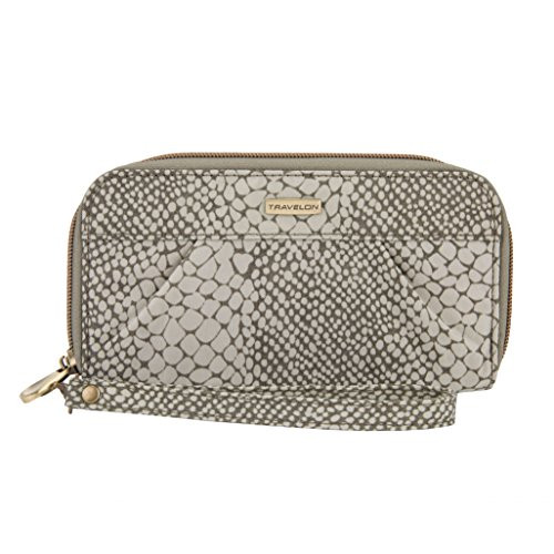 Travelon RFID Blocking Signature Pleated Double Zip Clutch Wallet, Snake