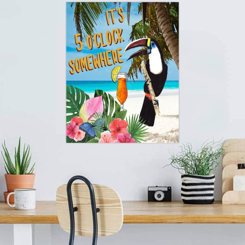 Autravelco Funny Wood Pallet Wall Plaque Sign It's Five O'clock Somewhere Vertical Wood Plaque Sign Quote Farmhouse Flower Floral Leaves Macaw Wall Decoration Signs for Laundry Cabin 16x20 Inch