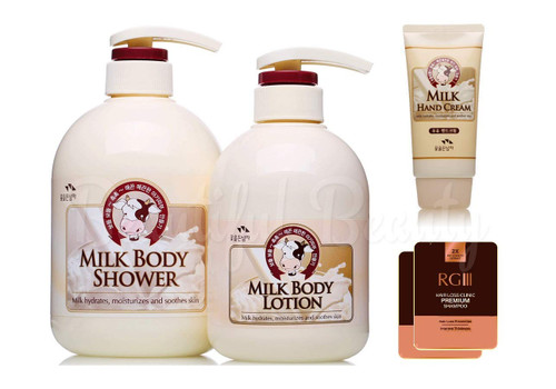 Somang Milk Body Shower 750ml Body Lotion 500ml Hand Cream 80ml with RGIII Shampoo 12ml (Milk Hydrates, Moisturizes and Soothes skin) (Shower + Lotion + Hand Cream + Shampoo Pouch)