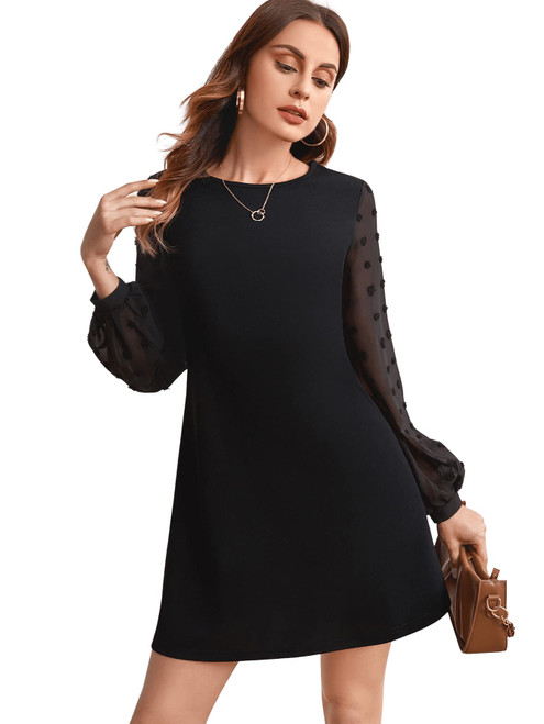 SweatyRocks Women's Elegant Mesh Contrast Long Sleeve A Line Mini Short Dress Black L