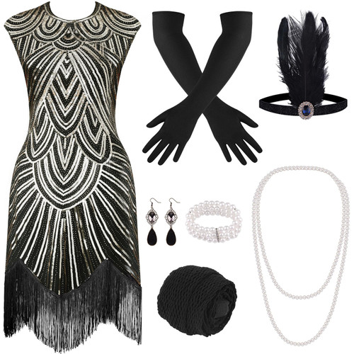 PLULON 1920s Sequin Beaded Fringed Flapper Dress with 20s Accessories Set(Gold and Black,Medium)