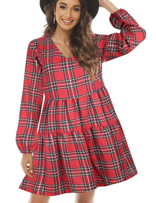 FANCYINN Womens Long Sleeve Buffalo Plaid Shift Tunic Dress Ruffle Hem Vneck Casual Swing Babydoll Mini Dress with Pockets Red Yellow M FANCYINN Womens Long Sleeve Buffalo Plaid Shift Tunic Dress Ruffle Hem Vneck Casual Swing Babydoll Mini Dress with Pockets Red Yellow M