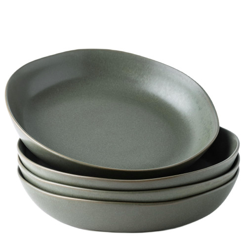 AmorArc Ceramic 9.75 inch Large Flat Pasta Bowls, 38oz Stoneware Wide Bowls Set of 4 for Kitchen, Microwave, Dishwasher Safe Bowls with Wavy Rim for Fruit Pasta Salad Meal, Reavtive-Matte