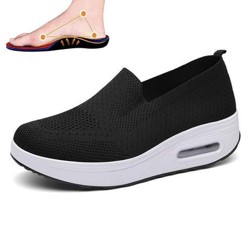 Bysku Orthopedic Walking Shoes for Women, Non-Slip Air Cushion Lightweight Comfort Breathable Platform Mesh Slip On Casual Sneakers for Arch Support Black