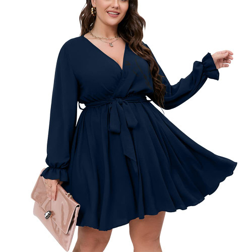 SCOMCHIC Long Sleeve Dress for Women Wedding Guest Plus Size Navy Blue Dress A Line Cocktail Dress XL