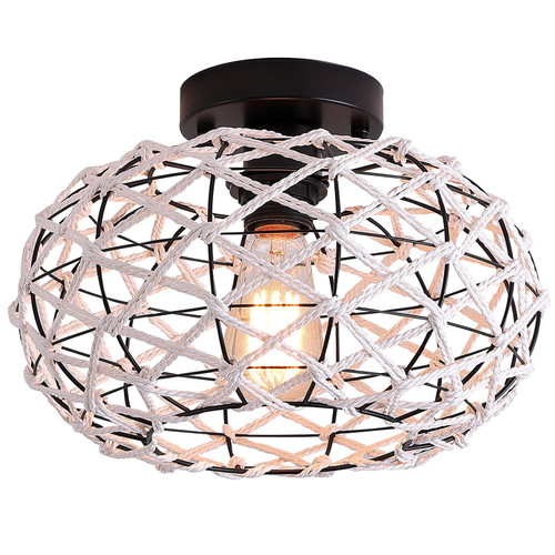 Nomita Modern White Woven Flush Mount Light Fixture Black Metal and White Rope Cage Rustic Semi Flush Mount Ceiling Light for Hallway Bedroom Kitchen Entryway Farmhouse
