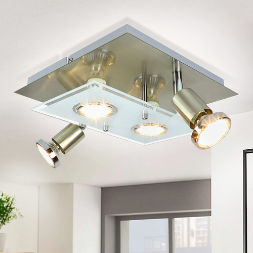 Depuley 4 Lights LED Track Lighting Fixture, Modern Directional Ceiling Spot Kitchen Track Lights, Flush Mount Square Ceiling Light for Bedroom, Living Room, Dining Room, GU10 Bulbs Incl. Nickel
