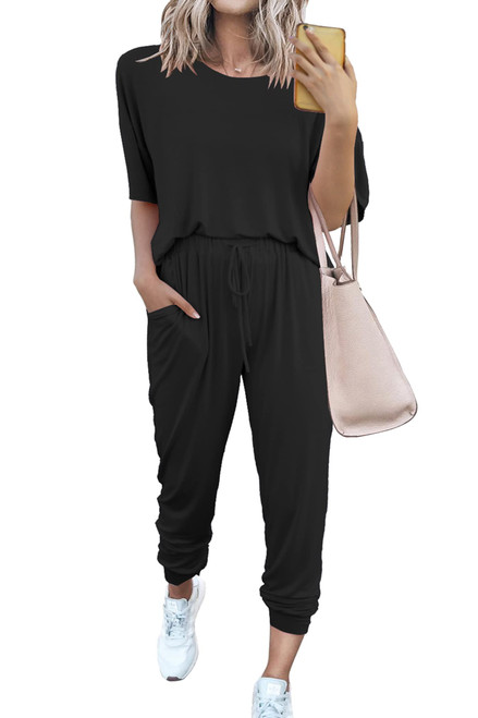 PRETTYGARDEN Women's Two Piece Outfit Short Sleeve Pullover with Drawstring Long Pants Tracksuit Jogger Set (A-black,3X-Large)