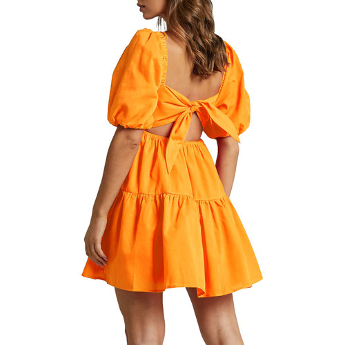 OWNGIGI Women's Summer Dress Square Neck Puffy Short Sleeve Loose Tie Back Casual A-Line Mini Dresses Orange