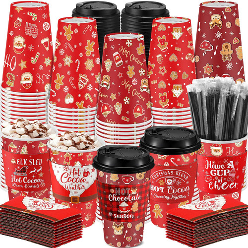 Ziliny 100 Sets Christmas Paper Coffee Cups with Sleeve and Lid Straw Disposable Hot Chocolate Cocoa Cups Xmas Holiday Party Supplies for Hot Drinks Cold Beverage Cafe Shop Office, 5 Styles(16 oz)