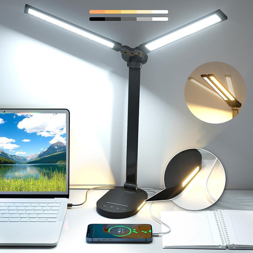 LED Desk Lamps for Home Office, Dual Swing Arm Desk Light, Dimmable Desk Lamp with USB Charging Port, Office Lamp with Night Light, 1H Timer, 5 Color Modes 5 Brightness Levels, Eye-Caring Table Lamp LED Desk Lamps for Home Office, Dual Swing Arm Desk Light, Dimmable Desk Lamp with USB Charging Port, Office Lamp with Night Light, 1H Timer, 5 Color Modes 5 Brightness Levels, Eye-Caring Table Lamp