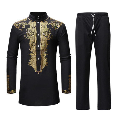HEFASDM Men's African Dashiki 2 Piece Suit Traditional Long Sleeve Kurta and Pants Outfits Set Black XXL HEFASDM Men's African Dashiki 2 Piece Suit Traditional Long Sleeve Kurta and Pants Outfits Set Black XXL