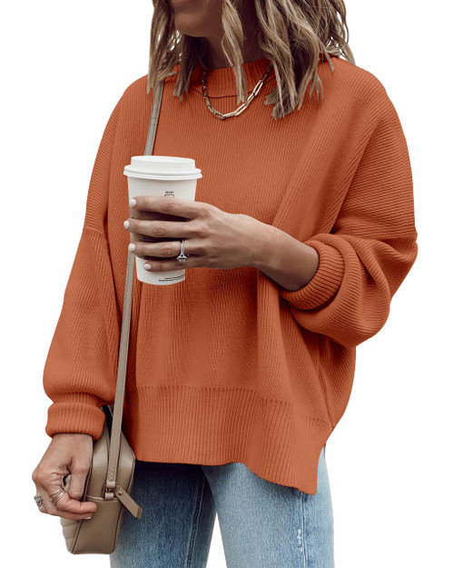 Imily Bela Women's Oversized Tunic Fall Slouchy Long Sleeve Ribbed Knit Side Slit Pullover Jumper Sweater, Orange, Medium
