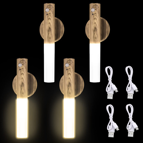 4Pcs LED Motion Sensor Night Light USB Rechargeable Magnet Body Sensor Hallway Night Lights Wireless Battery Operated Wall Sconce Portable Stair Lights Indoor for Stairway Bedroom Toilet (Light Brown)