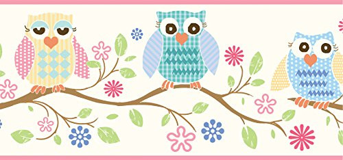 Chesapeake BBC94011B Wise Owlets Trail Wallpaper Border, Pink & Blue