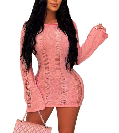Sexy Hollow Out Crochet Dress for Women Knitted Long Sleeve Backless Dress Off Shouler Cutout Mini Short Dress See Through S Pink