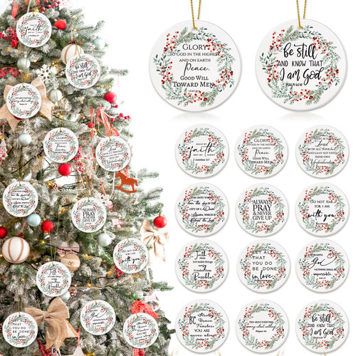 Christian Christmas Ornaments Bulk Bible Verse Hanging Ornament Inspirational Quotes Ceramic Ornaments for Christmas Tree Round Flat Religious Xmas Church Home Decor for Mom Women Gift (24 Pcs)