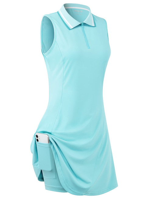 REEYE Athletic Dress with Built in Shorts & Pockets Sleeveless Polo Dress,Zippered Placket Tennis Golf Workout Exercise Athletic Summer Casual Collared Tank Dress Tee T-Shirts Top Sports-wear Blue