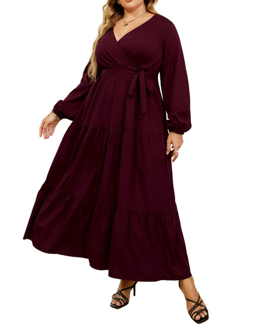 KOJOOIN Women Plus Size V Neck Wrap Maxi Dress High Waist Ruffle Summer Casual Dress with Belt Long Sleeve Red 3XL