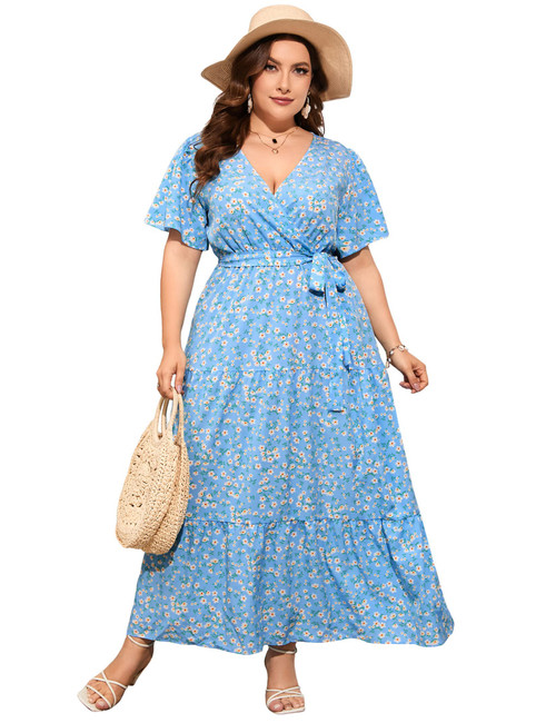 ShopWonder Womens Plus Size V Neck Wrap Maxi Dress High Waist Ruffle Summer Casual Dress with Belt Sky Blue Flowers 3XL