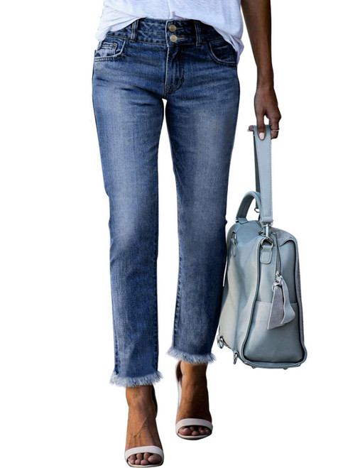 Sidefeel Womens High Waisted Jeans Raw Hem Straight Leg Denim Pants Size 6 Light Blue