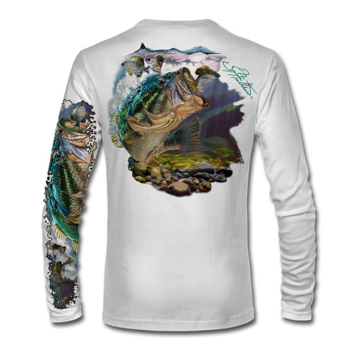 Jason Mathias Largemouth Bass High Performance Long Sleeve UPF 50+ Fishing Shirt White Jason Mathias Largemouth Bass High Performance Long Sleeve UPF 50+ Fishing Shirt White