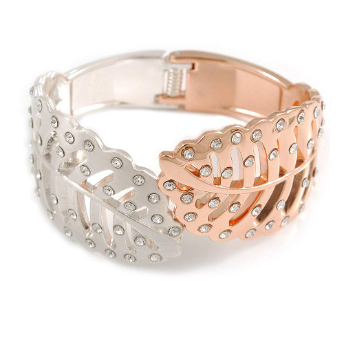 Avalaya Statement Double Leaf Clear Crystal Hinged Bangle Bracelet in Silver/Rose Gold Tone - 17cm Long