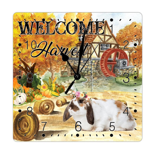 Rustic Fall Gold Farm Vintage Rabbit Welcome Wooden Clock Battery Clock Thanksgiving Home Decorative Clocks Farmhouse Wall Decor 15inch Rustic Kitchen Decor Autumn Pumpkin Clock for Laundry Room