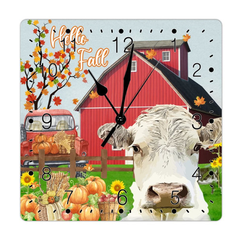 Farmhouse Wall Decor First Thanksgiving Wooden Clock Hello Fall Farm Sunflower Pumpkin Cow Wood Clock Battery Quartz Silent Wall Clocks 15inch Farmhouse Autumn Decor Fall Clock for Laundry Room