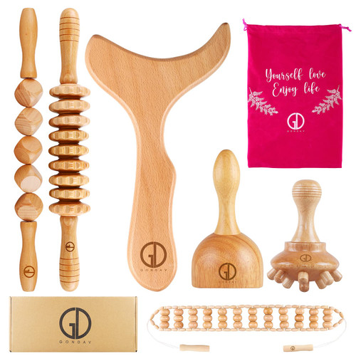 GONDAV 6-in-1 Wood Therapy Massage Tools, Maderoterapia Kit for Anticellulite and Lymphatic Drainage, Wood Therapy Tools for Body Shaping Professional, Colombiana Wood Lymphatic Drainage Massager
