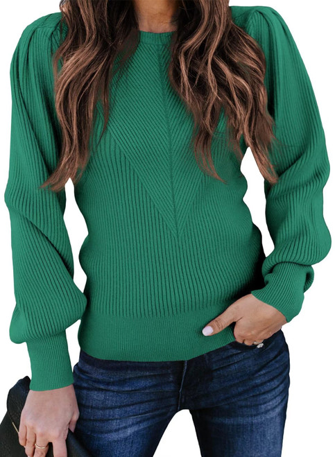 Dokotoo Women's Crewneck Long Lantern Sleeve Sweater 2023 Fall Casual Loose Ribbed Knit Sweater Solid Soft Pullover Jumper Tops Green Large