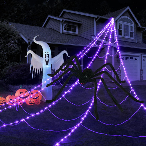 Halloween Spider Web Lights Decoration 250LED Light up Spider Webs Halloween Decorations Outdoor with 59" Large Spider & 3.53oz Stretch Cobweb 16.4Ft Giant Web with 8 Modes (Purple)